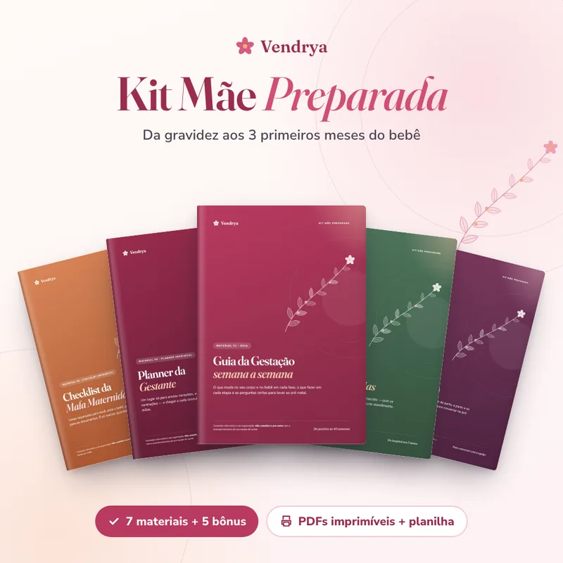 Kit Mãe Preparada: capas dos guias Checklist da Mala Maternidade, Planner da Gestante, Guia da Gestação Semana a Semana e outros materiais do kit