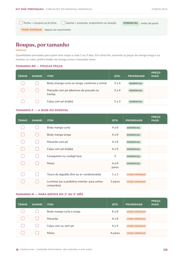 Página do Checklist do Enxoval Essencial: quantidades por tamanho e o que é essencial ou pode esperar