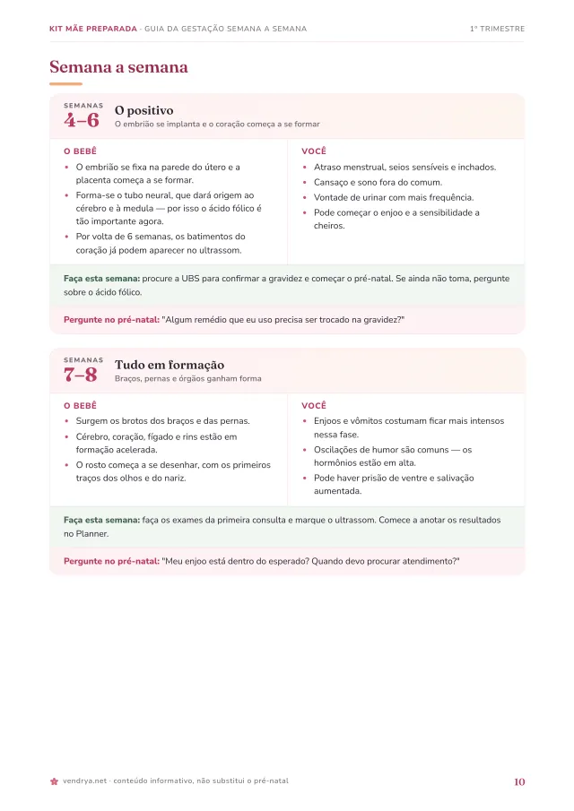 Página do Guia da Gestação Semana a Semana: cartões com o bebê, você, a tarefa e a pergunta para o pré-natal