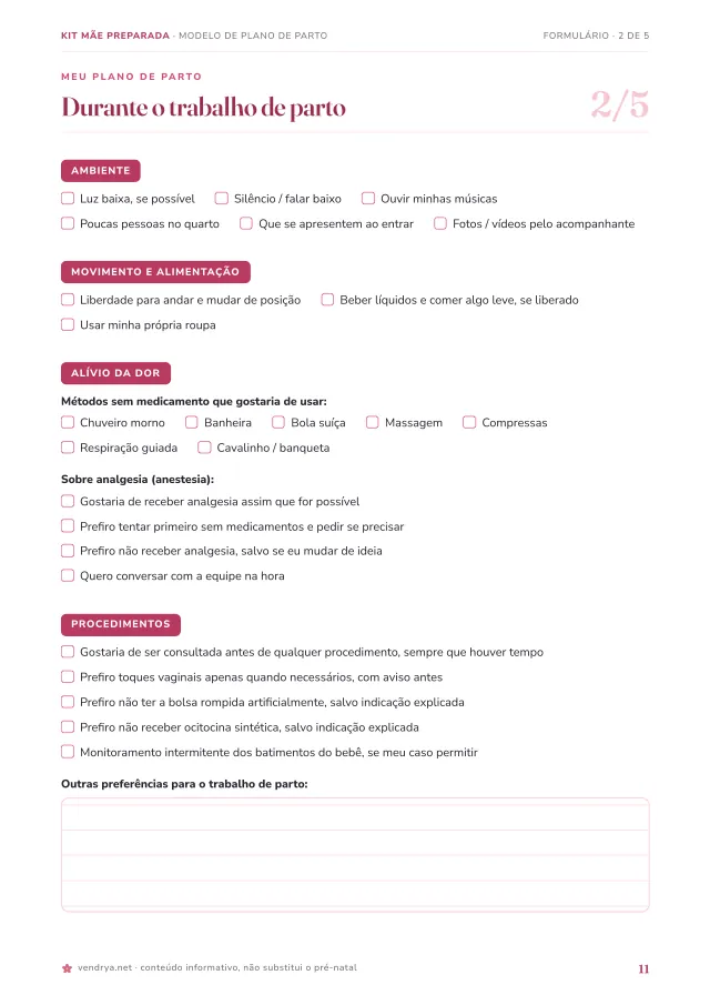 Página do Modelo de Plano de Parto: formulário para marcar suas preferências