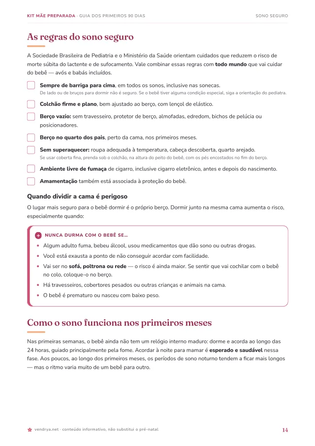 Página do Guia dos Primeiros 90 Dias: regras do sono seguro, com checklist